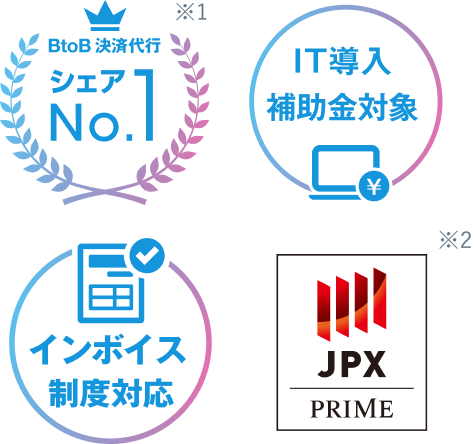 BtoB決済代行シェアNo.1 ※1 IT導入補助金対象 インボイス制度対応 JPX PRIME ※2